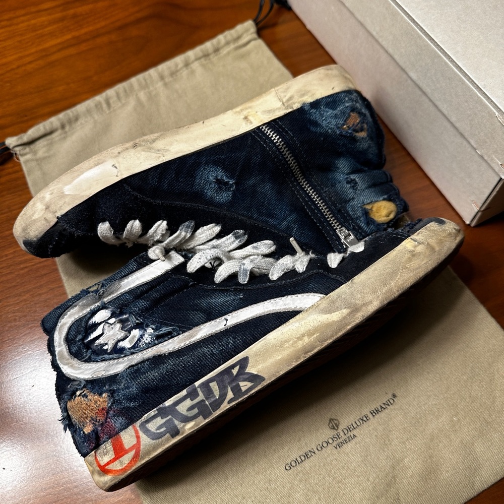 Golden Goose High Top Distressed Denim Sneakers